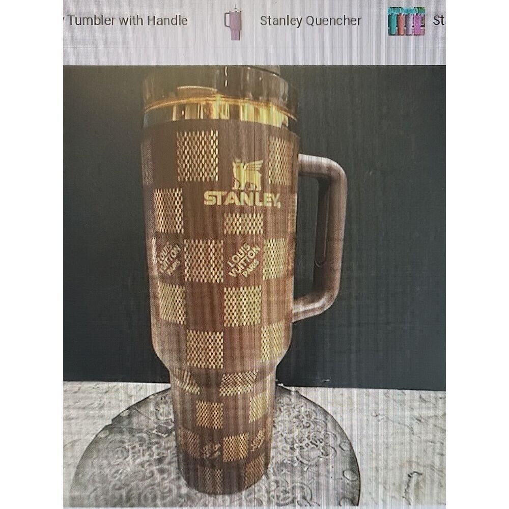 Stanley Brown and Gold LV Checkered Travel Tumbler